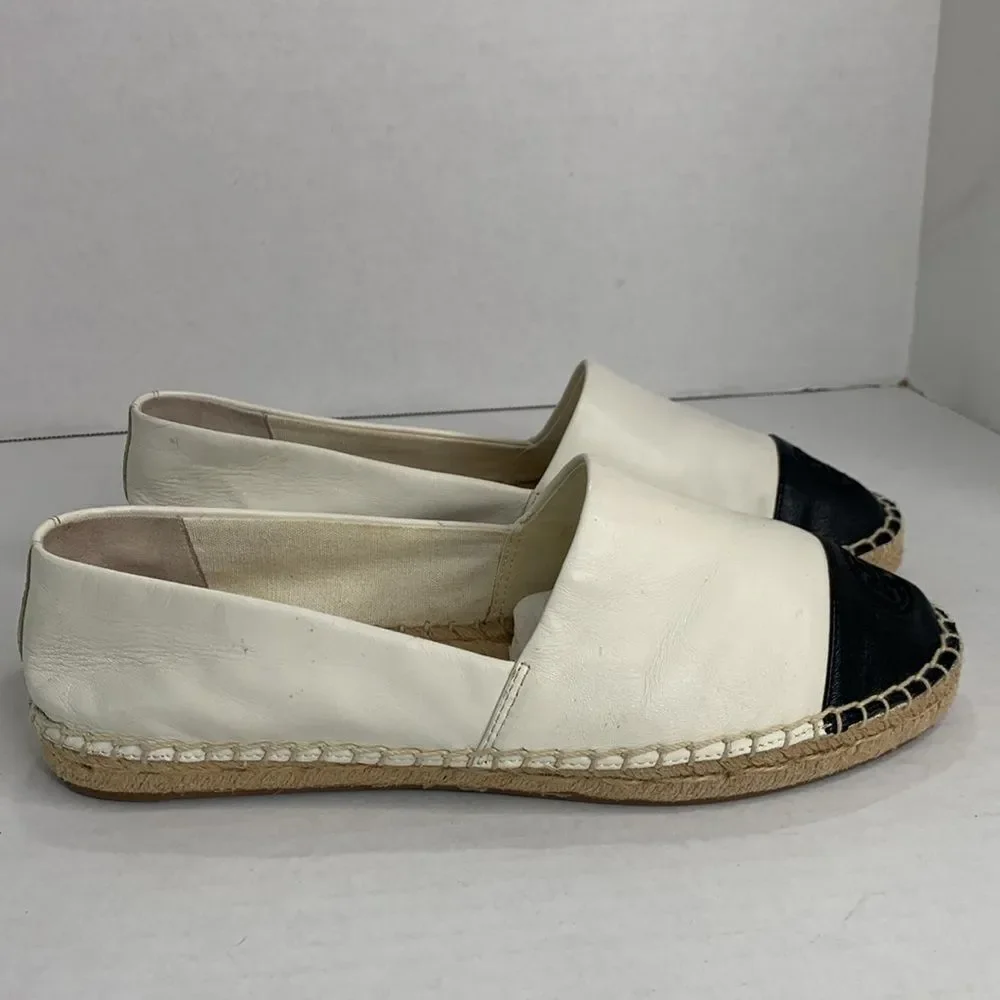 Tory Burch black/white leather color block cap toe espadrille flats